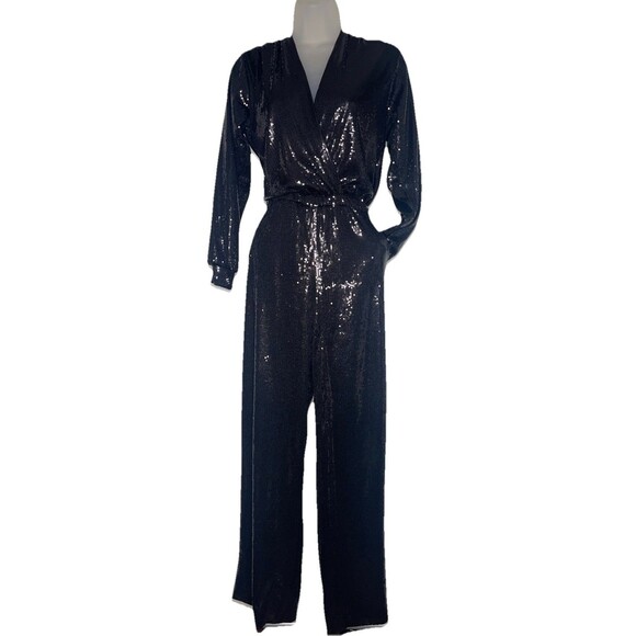 Ripley Rader Black Sequin Jumpsuit Women’s XS Faux Wrap Elegant - Picture 7 of 10